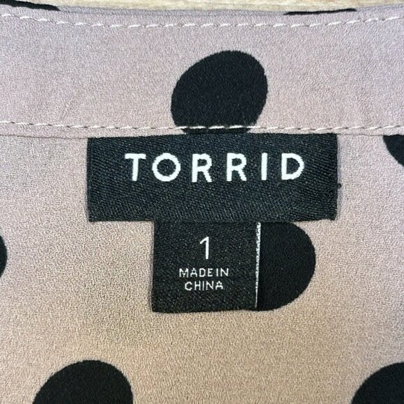 Torrid Top Women 1X Polka Dot Blouse Blush Pink Black Tie Front Georgette Shirt - Picture 3 of 12